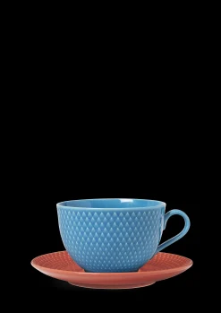 Clearance Lyngby Porcelæn Rhombe Color Tekop/underkop blå/terracotta